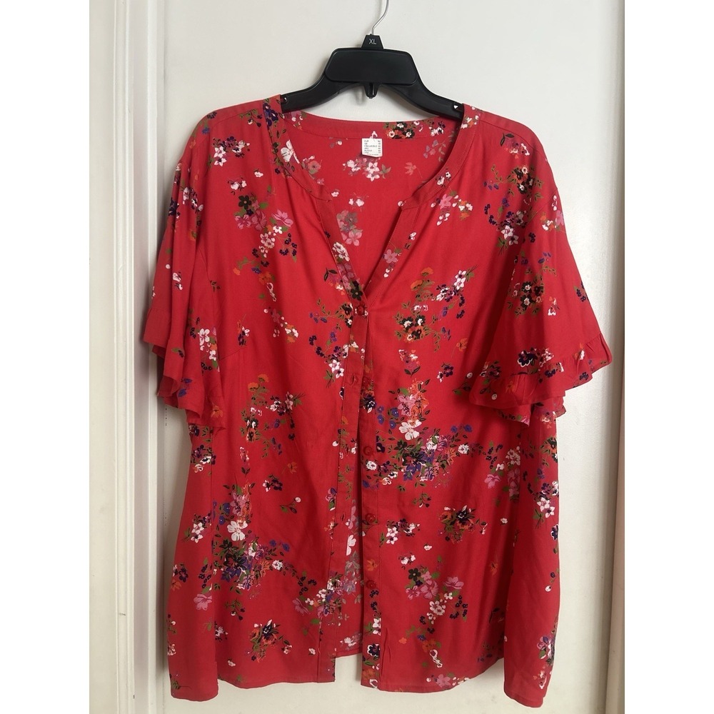Women's Floral Print Button Down Blouse With Flowing Cap Sleeves Size 10